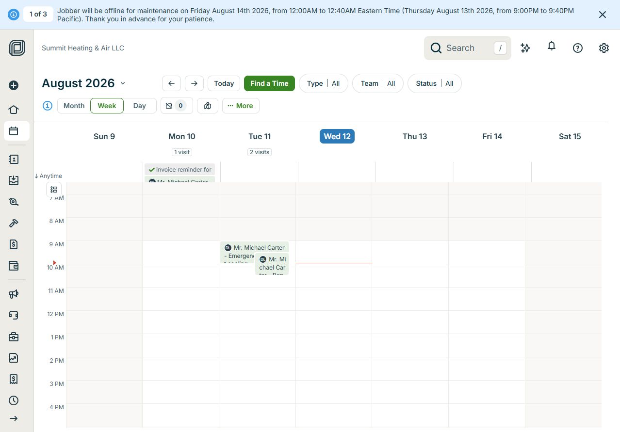 Jobber calendar showing overlapping appointments for the same worker