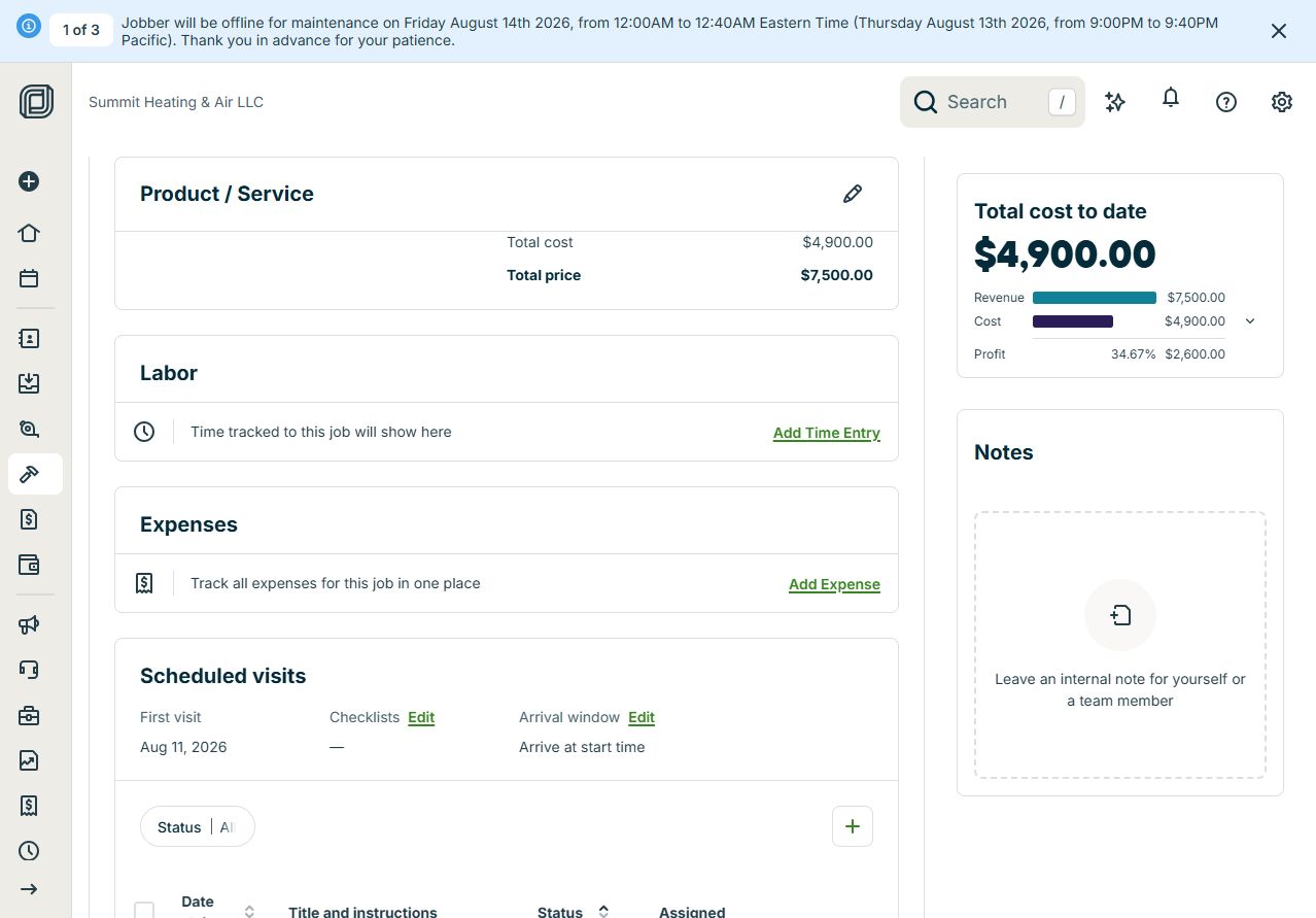 Jobber profitability view showing $2,600 profit and 34.67% margin